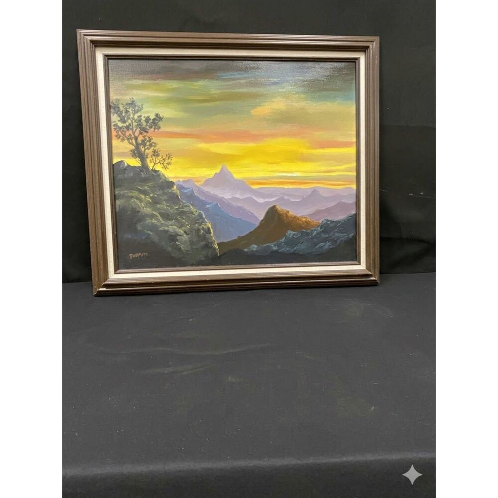 Original Mountain Sunset Oil Painting by Budu (2001) – Framed Art
